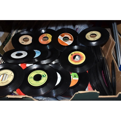 401 - FOUR BOXES OF VINTAGE RECORDS to include two boxes of 45 RPM singles comprising hundreds of singles ... 