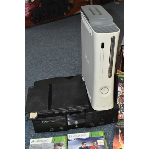 402 - A BOX OF VIDEO GAMES AND CONSOLES, includes a PS2, an original Xbox and an Xbox 360, games include (... 