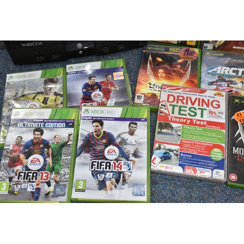 402 - A BOX OF VIDEO GAMES AND CONSOLES, includes a PS2, an original Xbox and an Xbox 360, games include (... 