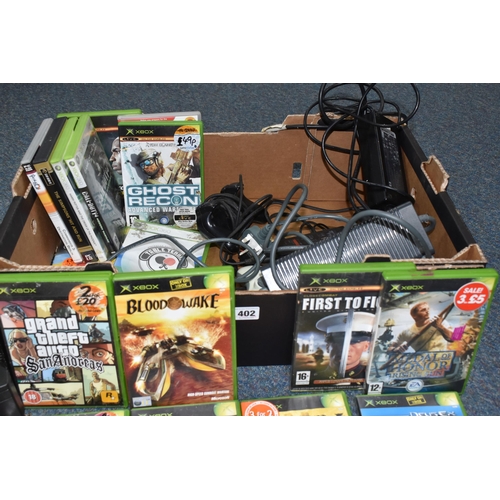 402 - A BOX OF VIDEO GAMES AND CONSOLES, includes a PS2, an original Xbox and an Xbox 360, games include (... 