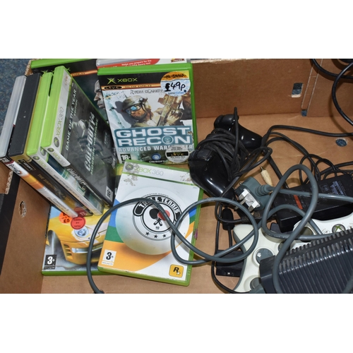 402 - A BOX OF VIDEO GAMES AND CONSOLES, includes a PS2, an original Xbox and an Xbox 360, games include (... 