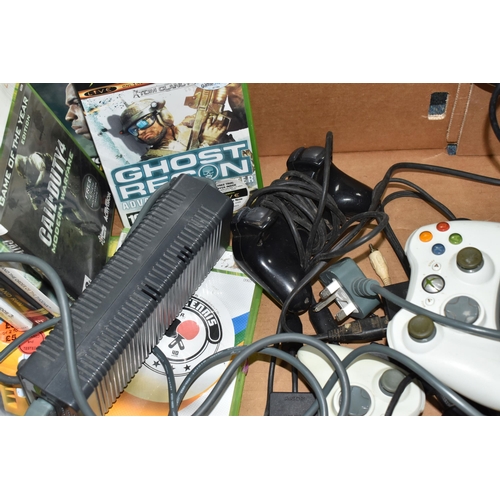 402 - A BOX OF VIDEO GAMES AND CONSOLES, includes a PS2, an original Xbox and an Xbox 360, games include (... 