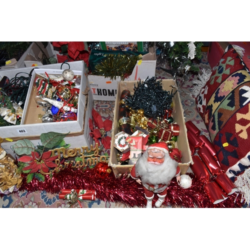 403 - FIVE BOXES AND LOOSE CHRISTMAS DECORATIONS to include a boxed 4ft Christmas tree, a loose 66cm Chris... 