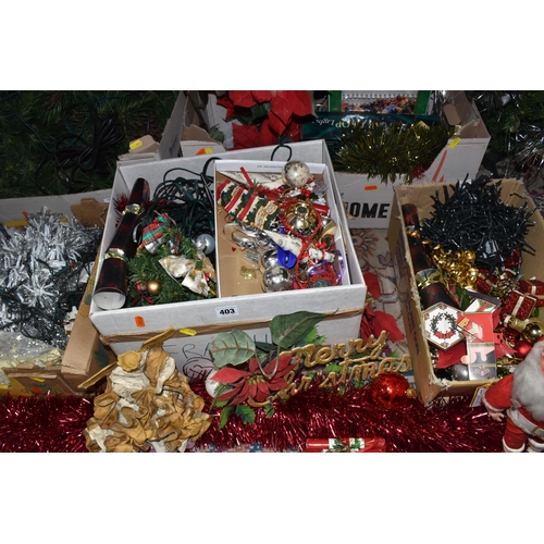 403 - FIVE BOXES AND LOOSE CHRISTMAS DECORATIONS to include a boxed 4ft Christmas tree, a loose 66cm Chris... 
