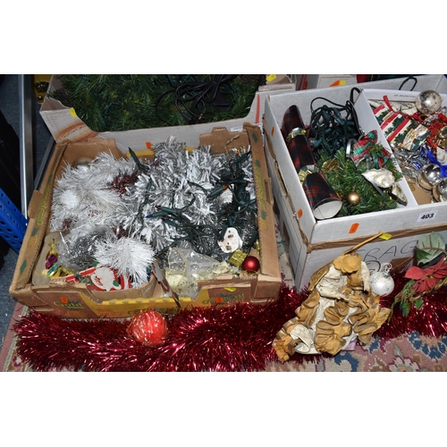 403 - FIVE BOXES AND LOOSE CHRISTMAS DECORATIONS to include a boxed 4ft Christmas tree, a loose 66cm Chris... 