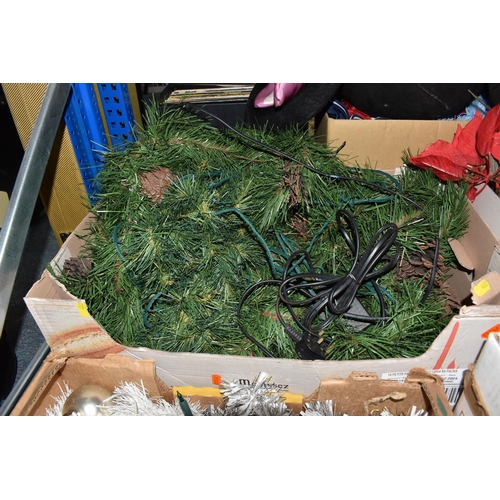 403 - FIVE BOXES AND LOOSE CHRISTMAS DECORATIONS to include a boxed 4ft Christmas tree, a loose 66cm Chris... 
