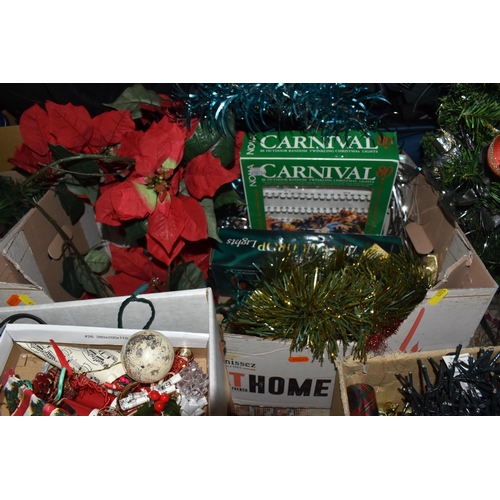 403 - FIVE BOXES AND LOOSE CHRISTMAS DECORATIONS to include a boxed 4ft Christmas tree, a loose 66cm Chris... 