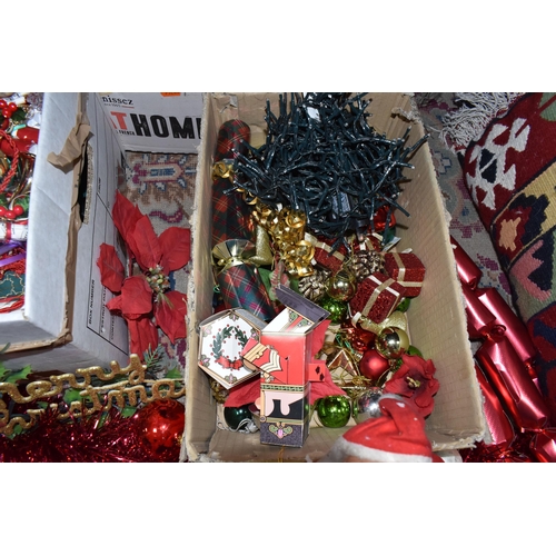 403 - FIVE BOXES AND LOOSE CHRISTMAS DECORATIONS to include a boxed 4ft Christmas tree, a loose 66cm Chris... 