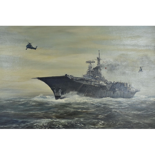 404 - E. G. BURROWS (20TH CENTURY) 'H.M.S. HERMES', a depiction of the Royal Navy Aircraft Carrier which s... 