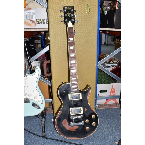 407 - TWO 'VINTAGE' MARKED ELECTRIC GUITARS to include a black bodied electric guitar branded 'Vintage' to... 