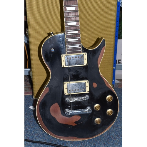 407 - TWO 'VINTAGE' MARKED ELECTRIC GUITARS to include a black bodied electric guitar branded 'Vintage' to... 