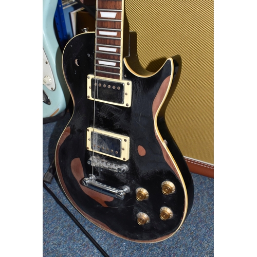 407 - TWO 'VINTAGE' MARKED ELECTRIC GUITARS to include a black bodied electric guitar branded 'Vintage' to... 