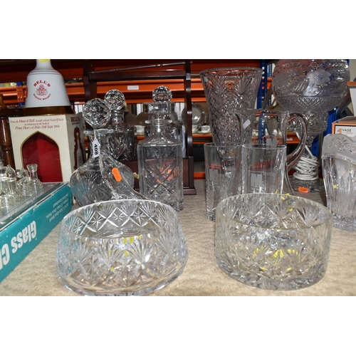 408 - A GROUP OF CUT GLASS AND MISCELLANEOUS ITEMS, to include a Bell's scotch whisky decanter with origin... 