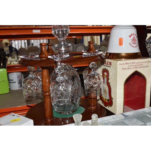 408 - A GROUP OF CUT GLASS AND MISCELLANEOUS ITEMS, to include a Bell's scotch whisky decanter with origin... 