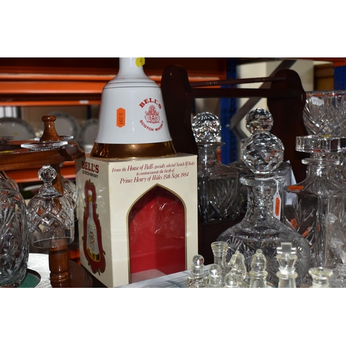 408 - A GROUP OF CUT GLASS AND MISCELLANEOUS ITEMS, to include a Bell's scotch whisky decanter with origin... 