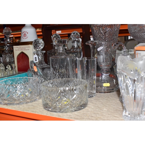 408 - A GROUP OF CUT GLASS AND MISCELLANEOUS ITEMS, to include a Bell's scotch whisky decanter with origin... 