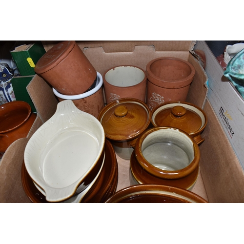 410 - FOUR BOXES AND LOOSE CERAMICS AND KITCHENWARE, to include glazed ceramic stoneware dishes, stoneware... 