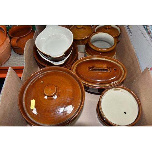 410 - FOUR BOXES AND LOOSE CERAMICS AND KITCHENWARE, to include glazed ceramic stoneware dishes, stoneware... 