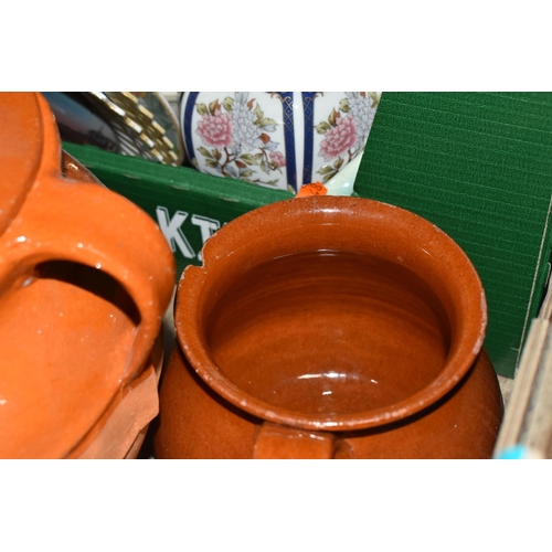 410 - FOUR BOXES AND LOOSE CERAMICS AND KITCHENWARE, to include glazed ceramic stoneware dishes, stoneware... 