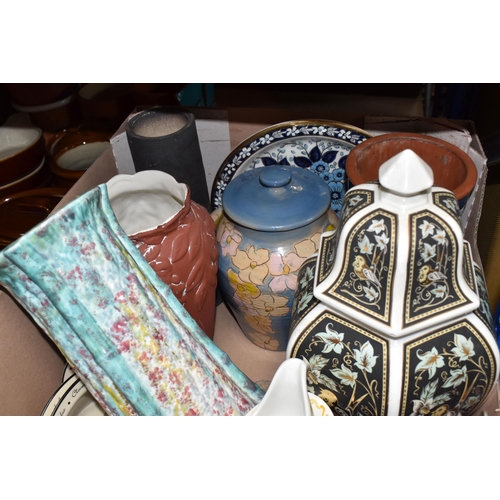 410 - FOUR BOXES AND LOOSE CERAMICS AND KITCHENWARE, to include glazed ceramic stoneware dishes, stoneware... 