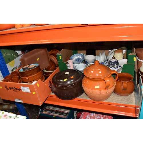 410 - FOUR BOXES AND LOOSE CERAMICS AND KITCHENWARE, to include glazed ceramic stoneware dishes, stoneware... 