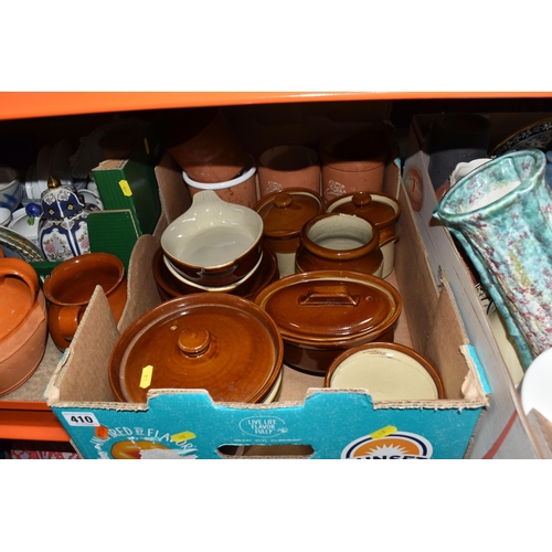 410 - FOUR BOXES AND LOOSE CERAMICS AND KITCHENWARE, to include glazed ceramic stoneware dishes, stoneware... 