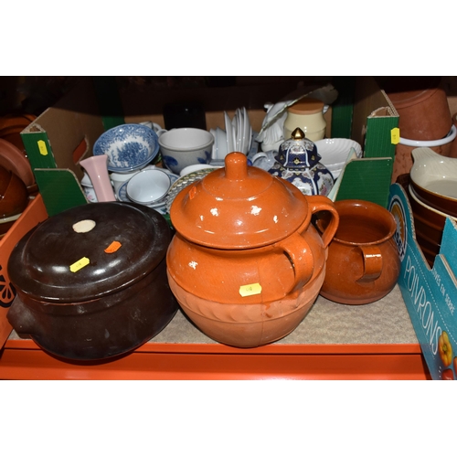 410 - FOUR BOXES AND LOOSE CERAMICS AND KITCHENWARE, to include glazed ceramic stoneware dishes, stoneware... 