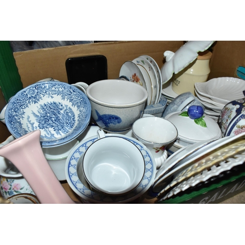 410 - FOUR BOXES AND LOOSE CERAMICS AND KITCHENWARE, to include glazed ceramic stoneware dishes, stoneware... 