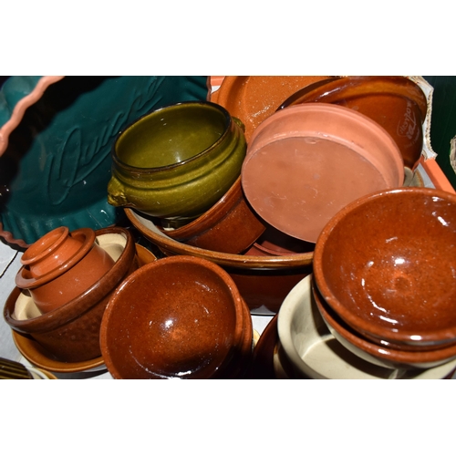 410 - FOUR BOXES AND LOOSE CERAMICS AND KITCHENWARE, to include glazed ceramic stoneware dishes, stoneware... 