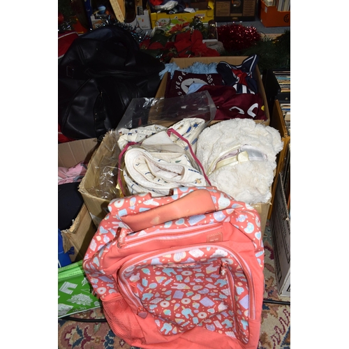 412 - FOUR BOXES OF MISCELLANEOUS ITEMS, to include a selection of rucksacks, names include Cotton Traders... 