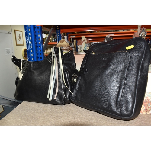 415 - FOUR RADLEY HANDBAGS, comprising a black satchel style, with green and grey square lining magnet fas... 