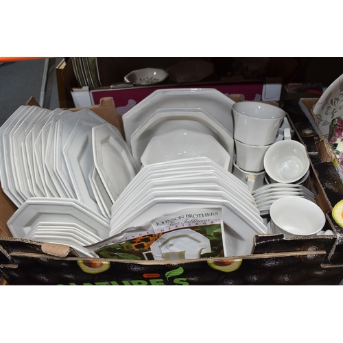 416 - FIVE BOXES OF CERAMIC KITCHENWARE, to include Johnson Brothers fine tableware 'Heritage' white plate... 