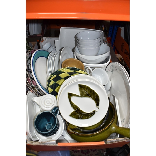 416 - FIVE BOXES OF CERAMIC KITCHENWARE, to include Johnson Brothers fine tableware 'Heritage' white plate... 