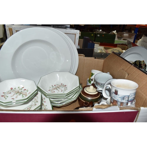 416 - FIVE BOXES OF CERAMIC KITCHENWARE, to include Johnson Brothers fine tableware 'Heritage' white plate... 