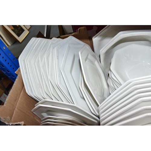 416 - FIVE BOXES OF CERAMIC KITCHENWARE, to include Johnson Brothers fine tableware 'Heritage' white plate... 