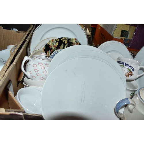 416 - FIVE BOXES OF CERAMIC KITCHENWARE, to include Johnson Brothers fine tableware 'Heritage' white plate... 