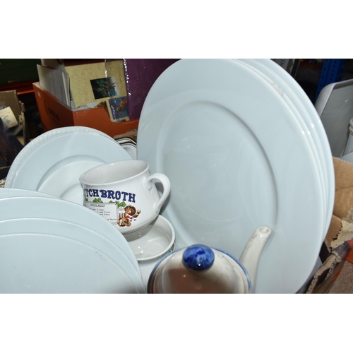 416 - FIVE BOXES OF CERAMIC KITCHENWARE, to include Johnson Brothers fine tableware 'Heritage' white plate... 