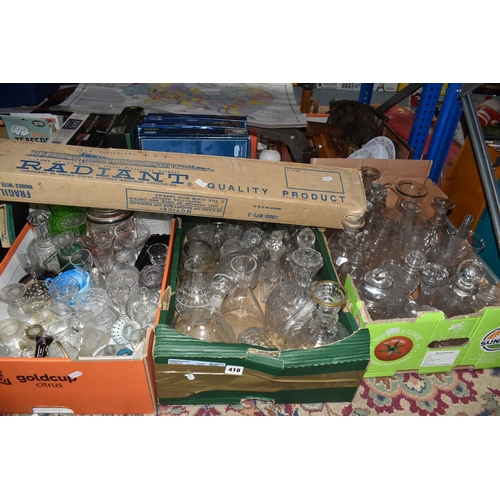 418 - THREE BOXES OF GLASSWARE AND LOOSE MISCELLANEOUS ITEMS, to include cut glass decanters, jars, cruet ... 