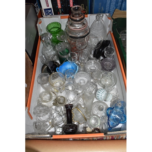 418 - THREE BOXES OF GLASSWARE AND LOOSE MISCELLANEOUS ITEMS, to include cut glass decanters, jars, cruet ... 