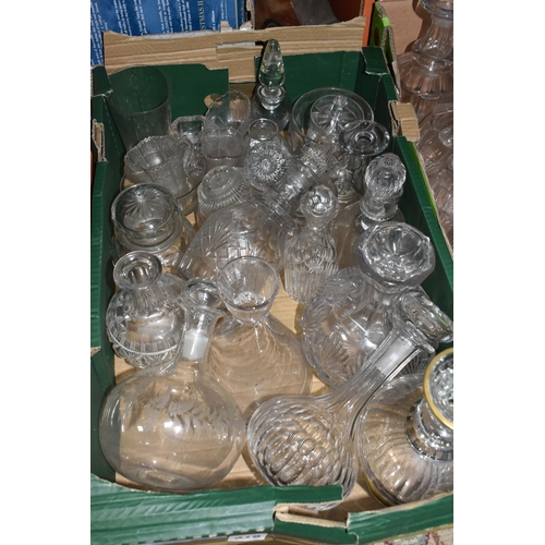 418 - THREE BOXES OF GLASSWARE AND LOOSE MISCELLANEOUS ITEMS, to include cut glass decanters, jars, cruet ... 