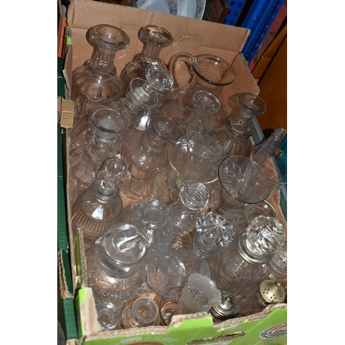 418 - THREE BOXES OF GLASSWARE AND LOOSE MISCELLANEOUS ITEMS, to include cut glass decanters, jars, cruet ... 