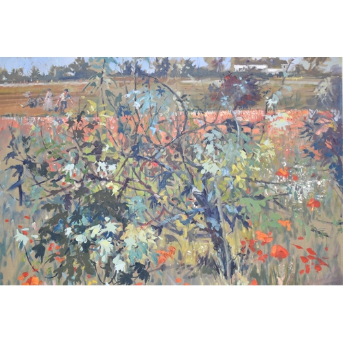 421 - OSMAN WEBB (1913-2003) A WILDFLOWER LANDSCAPE SCENE, wild flowers and scrub land to the foreground w... 