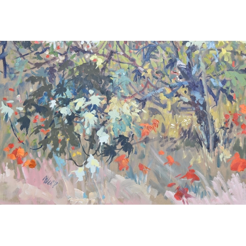 421 - OSMAN WEBB (1913-2003) A WILDFLOWER LANDSCAPE SCENE, wild flowers and scrub land to the foreground w... 