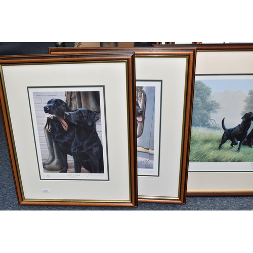 422 - SIX SIGNED LIMITED EDITION BLACK LABRADOR PRINTS, comprising five Nigel Hemming prints, 'Ladies in w... 