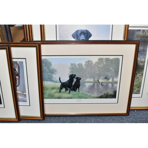 422 - SIX SIGNED LIMITED EDITION BLACK LABRADOR PRINTS, comprising five Nigel Hemming prints, 'Ladies in w... 