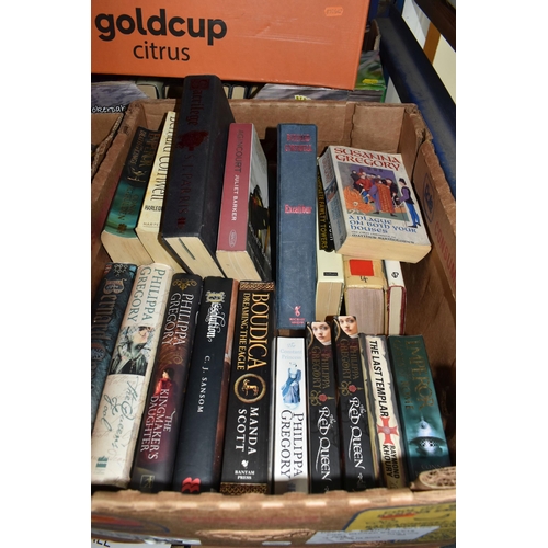 424 - NINE BOXES OF VINTAGE AND MODERN BOOKS comprising a group of historical fiction novels to include wr... 