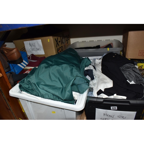 425 - FIVE BOXES OF MENS CLOTHES AND SHOES to include a box of trousers and shorts comprising Island, Umbr... 