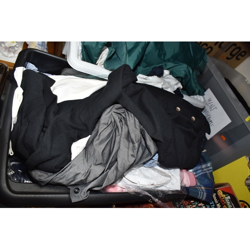 425 - FIVE BOXES OF MENS CLOTHES AND SHOES to include a box of trousers and shorts comprising Island, Umbr... 