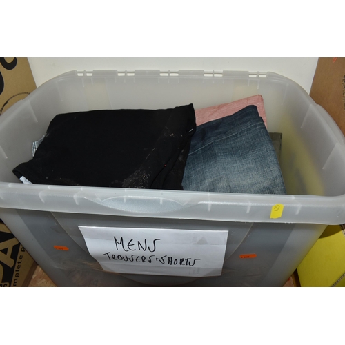 425 - FIVE BOXES OF MENS CLOTHES AND SHOES to include a box of trousers and shorts comprising Island, Umbr... 