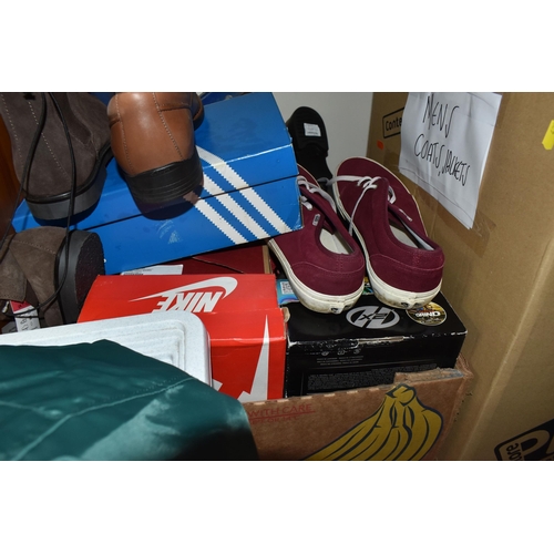 425 - FIVE BOXES OF MENS CLOTHES AND SHOES to include a box of trousers and shorts comprising Island, Umbr... 